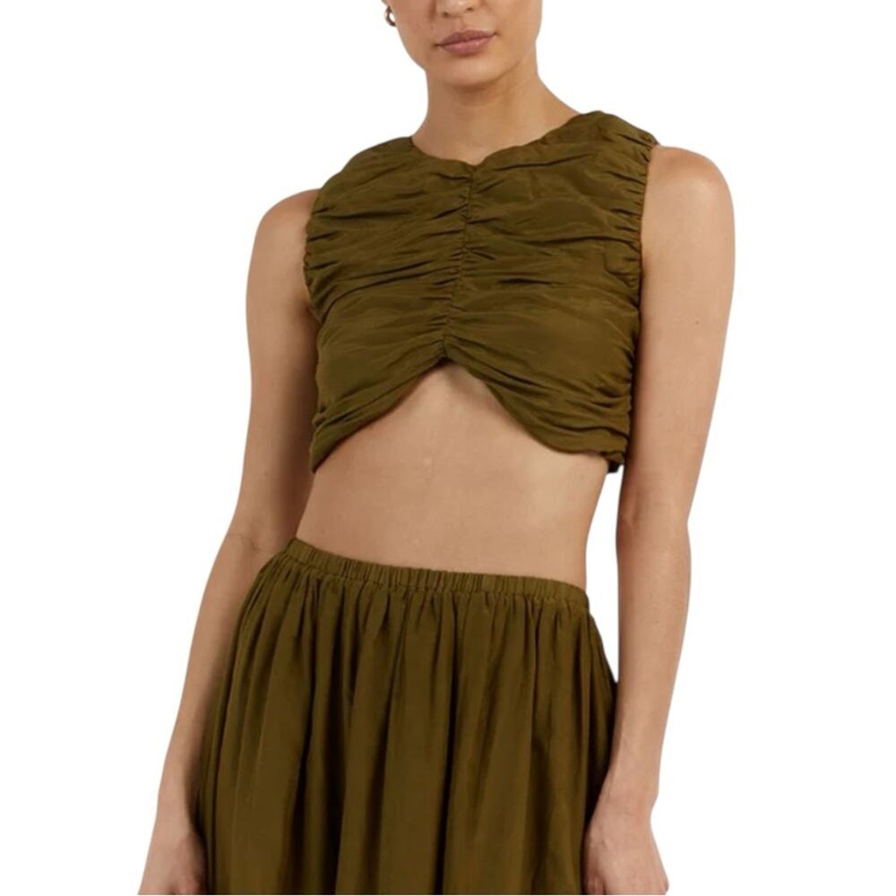 DISSH Frankie Olive Green Ruched Sleeveless Silk Blend Crop Top US 2